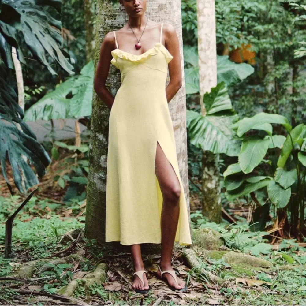 Zara Ramie Midi Dress With Ruffles Yellow NWT